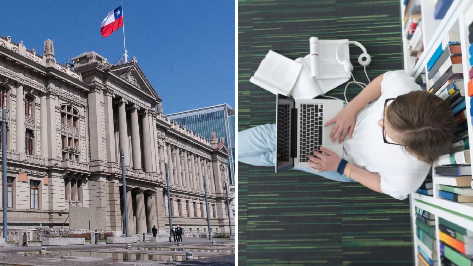 Corte Suprema y una joven estudiando en una biblioteca