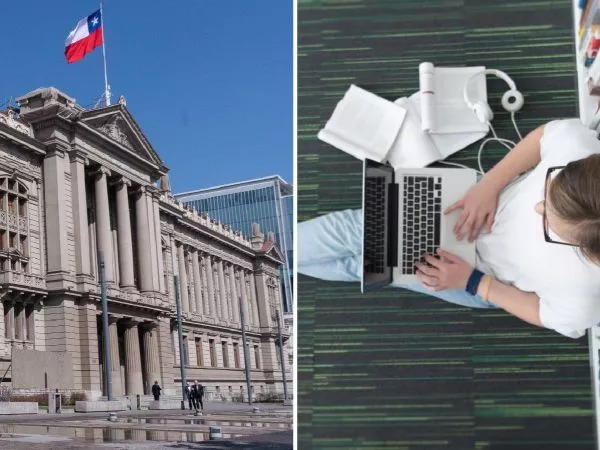 Corte Suprema y una joven estudiando en una biblioteca