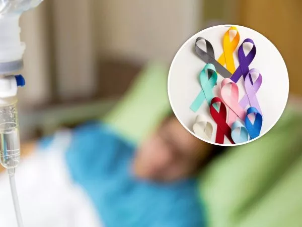 Persona hospitalizada y listones de distintos tipos de cáncer