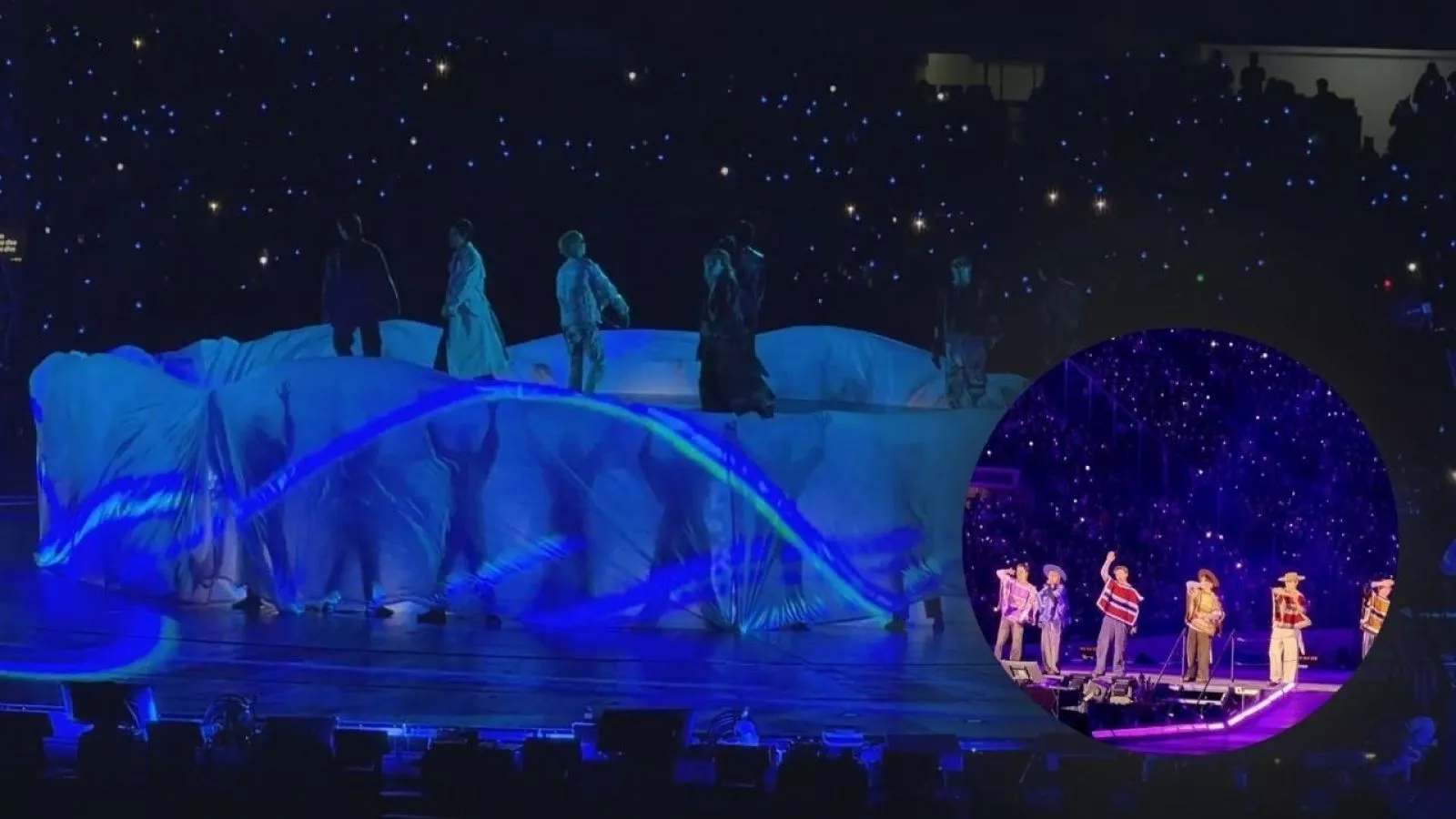 BTS on stage at Santiago's Estadio Nacional in Chilean huaso outfits at their last Chile concert on October 17