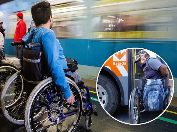 Joven en silla de ruedas en el Metro y hombre en silla de ruedas subiendo a un bus