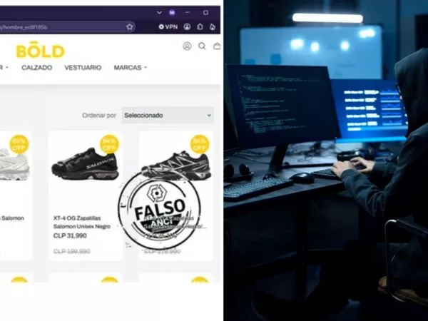 Sitio fraudulento e imagen referencial de un hombre con capucha en un computador
