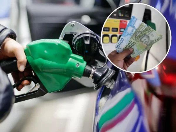 Persona cargando combustible y otra con billetes
