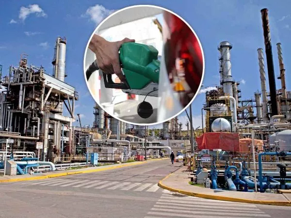 Refinería de Enap y persona cargando combustible en una bencinera